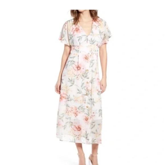 Leith Dresses & Skirts - Leith White Floral Flutter Sleeve Midi/Maxi Dress